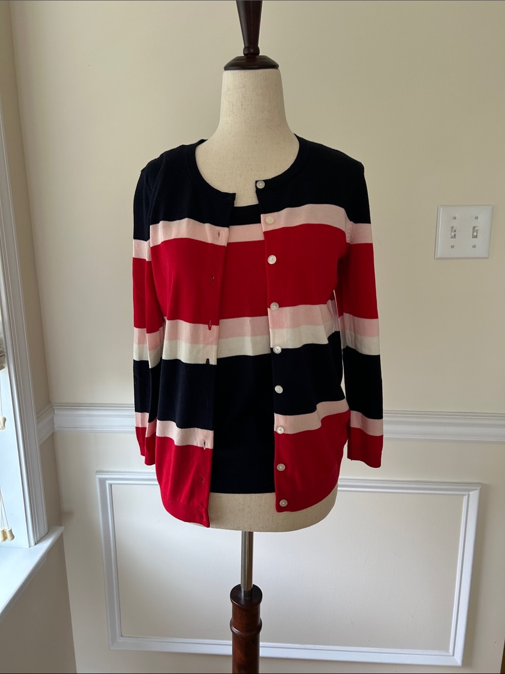 Talbots Navy Blue Sweater Set with Red and Light Pink Stripes - Picture 5 of 5